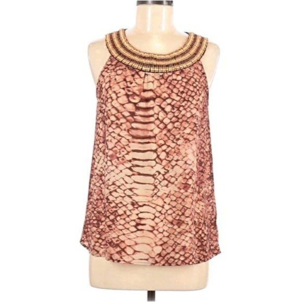Kenar Top Flowy Snake Tribal‎ Beaded Scoop Neck Sleeveless Peachy Coral  Sz M